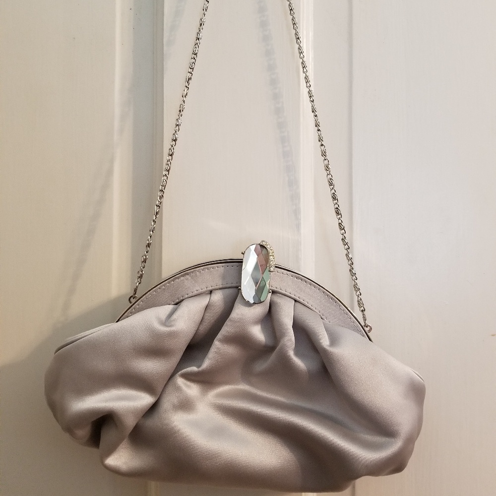 Silver Jessica McClintock evening bag with chain